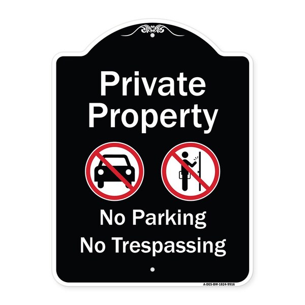 Designer Series-Private Property No Parking Or Trespassing With Symbols, 24" x 18", BW-1824-9916
